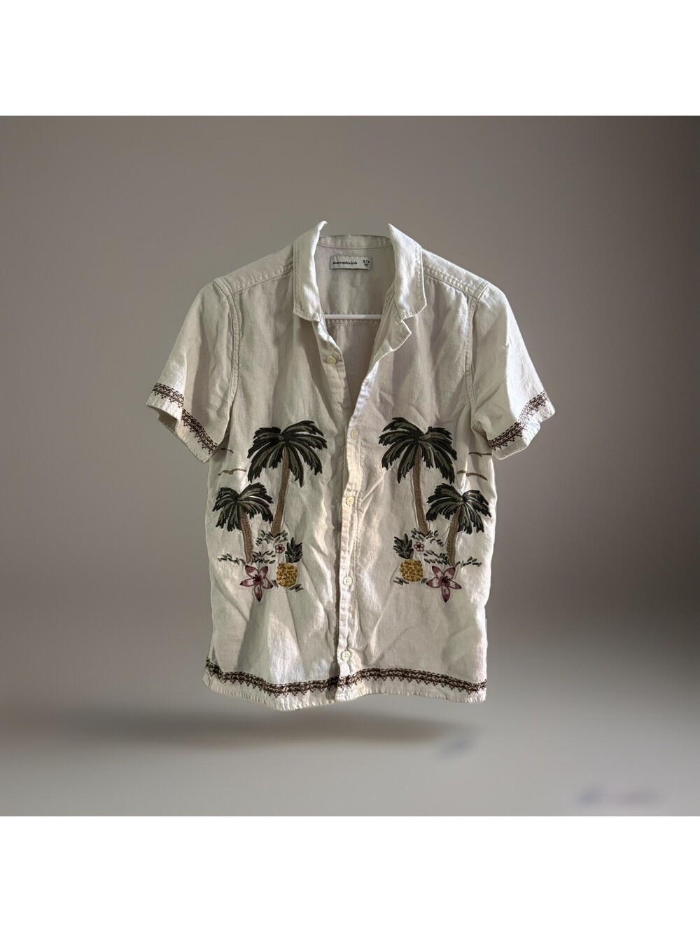 Abercrombie Kids 13/14 Linen Blend Embroidered Tropical Camp Shirt Beach